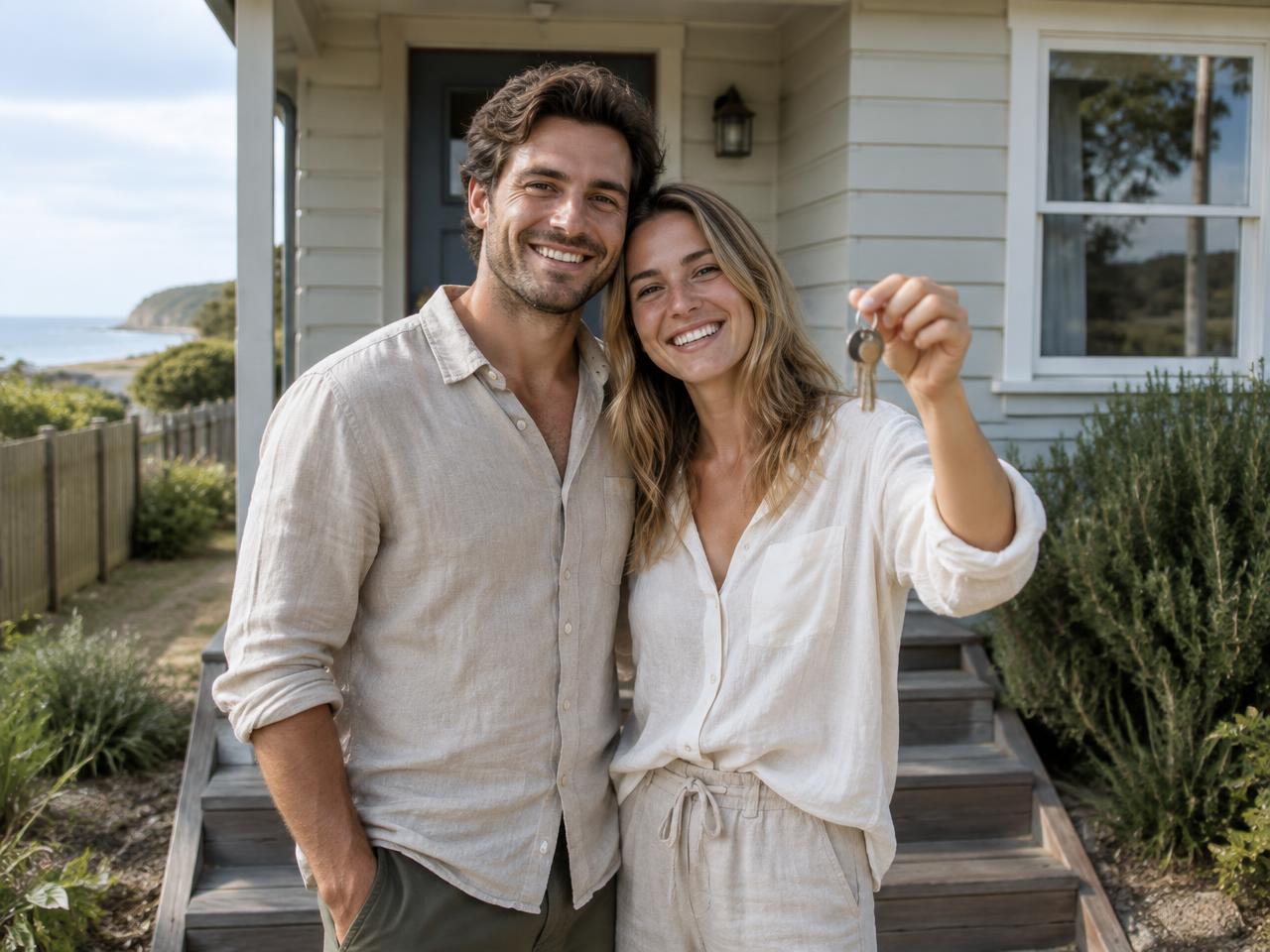 Sample image: a young couple holding keys on the front step of a single-storey home